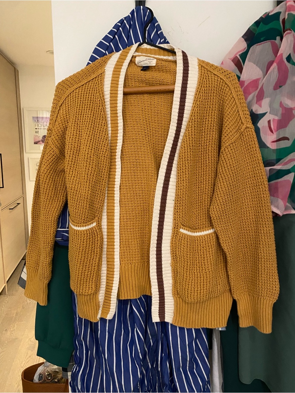 Universal Thread Mustard Open-Front Cardigan with Cream & Brown Trim